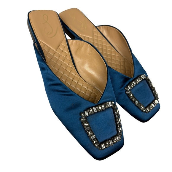 Sam Edelman Lavina 3 Blue Satin Crystal Slide Mules - Picture 1 of 8